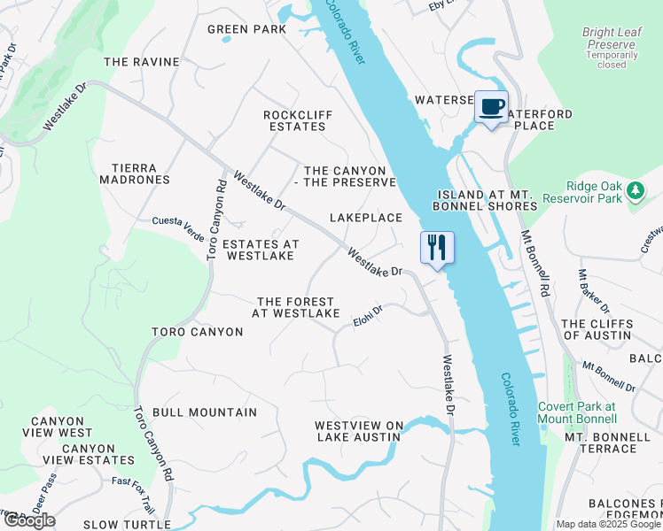 map of restaurants, bars, coffee shops, grocery stores, and more near 3807 Woodcutters Way in Austin