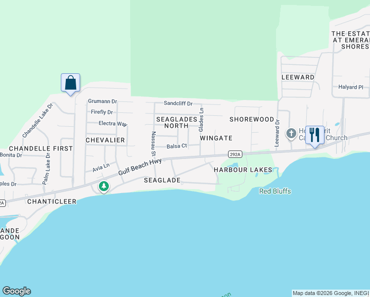 map of restaurants, bars, coffee shops, grocery stores, and more near 11011 Gulf Beach Highway in Pensacola