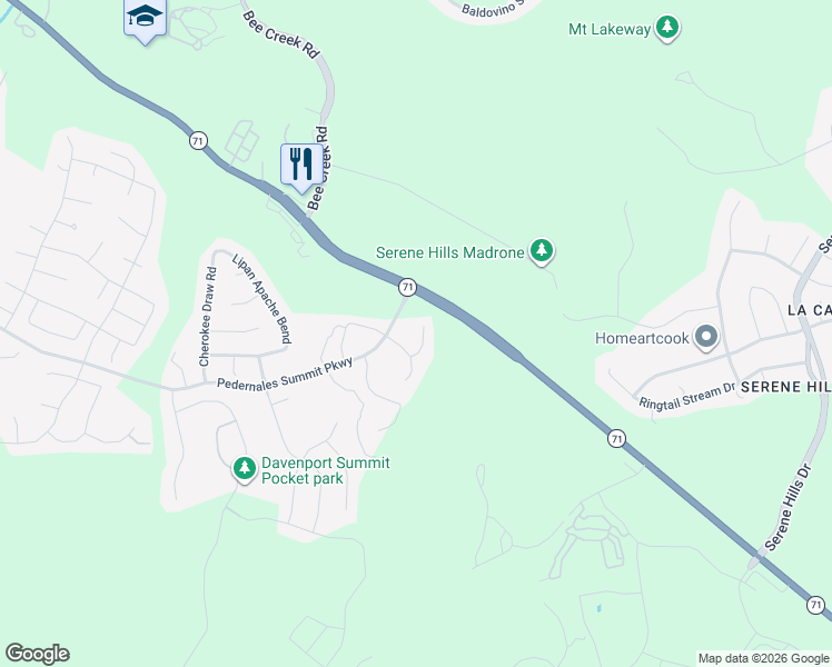 map of restaurants, bars, coffee shops, grocery stores, and more near 17816 Flowing Brook Drive in Austin