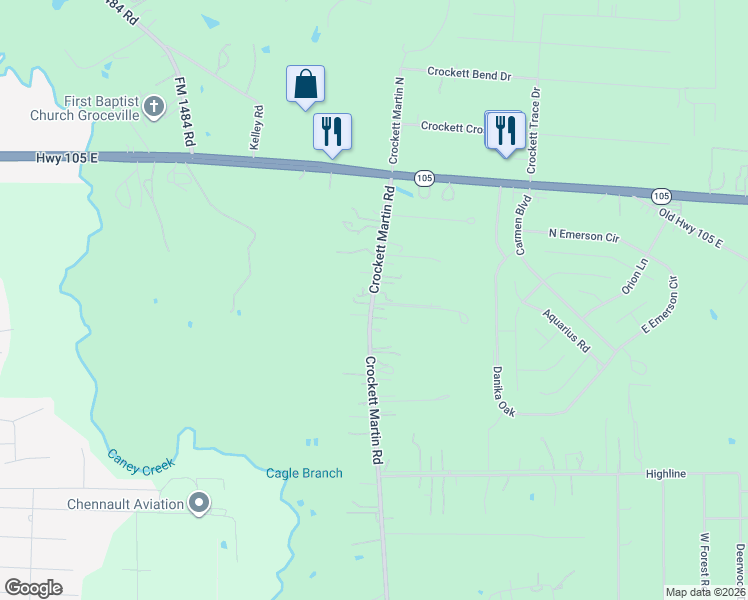 map of restaurants, bars, coffee shops, grocery stores, and more near 2391 Crockett Martin Road in Conroe