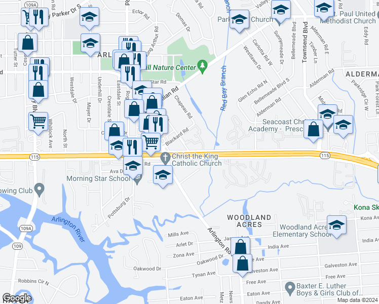 map of restaurants, bars, coffee shops, grocery stores, and more near Arlington Expressway Srv Road & Bert Road in Jacksonville