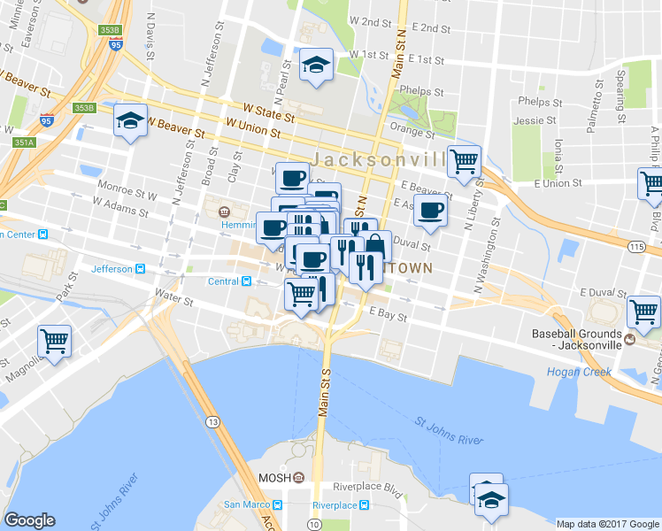 map of restaurants, bars, coffee shops, grocery stores, and more near 69 North Laura Street in Jacksonville