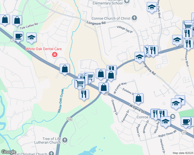 map of restaurants, bars, coffee shops, grocery stores, and more near 3830 West Davis Street in Conroe