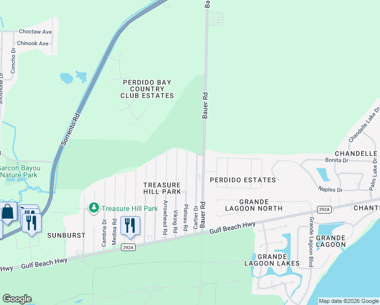 map of restaurants, bars, coffee shops, grocery stores, and more near 5100 Plateau Road in Pensacola