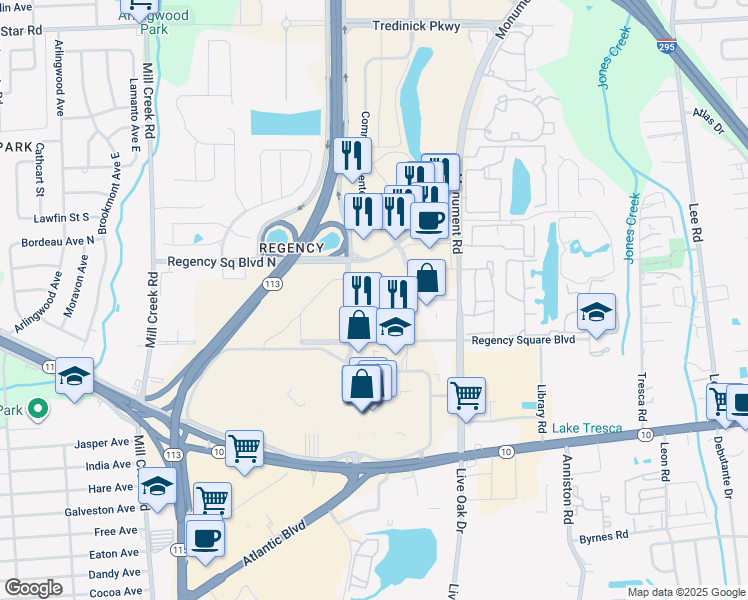 map of restaurants, bars, coffee shops, grocery stores, and more near in Jacksonville