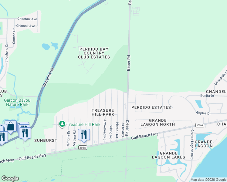 map of restaurants, bars, coffee shops, grocery stores, and more near 5100 Plateau Road in Pensacola