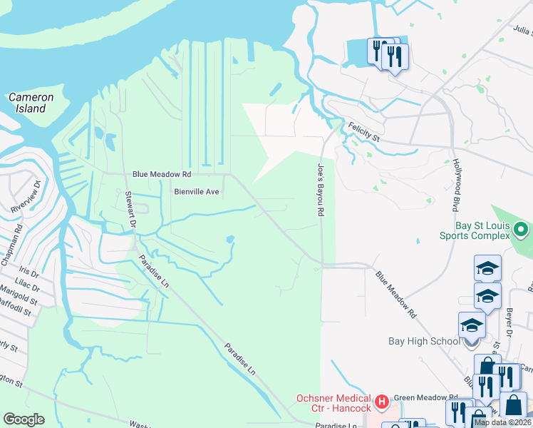 map of restaurants, bars, coffee shops, grocery stores, and more near 2043 Jay Street in Bay St. Louis