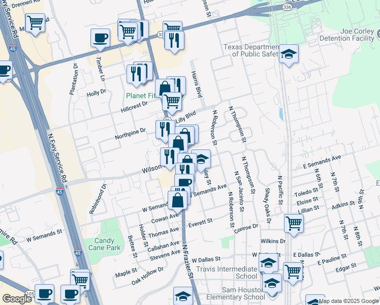 map of restaurants, bars, coffee shops, grocery stores, and more near 1712 North Frazier Street in Conroe