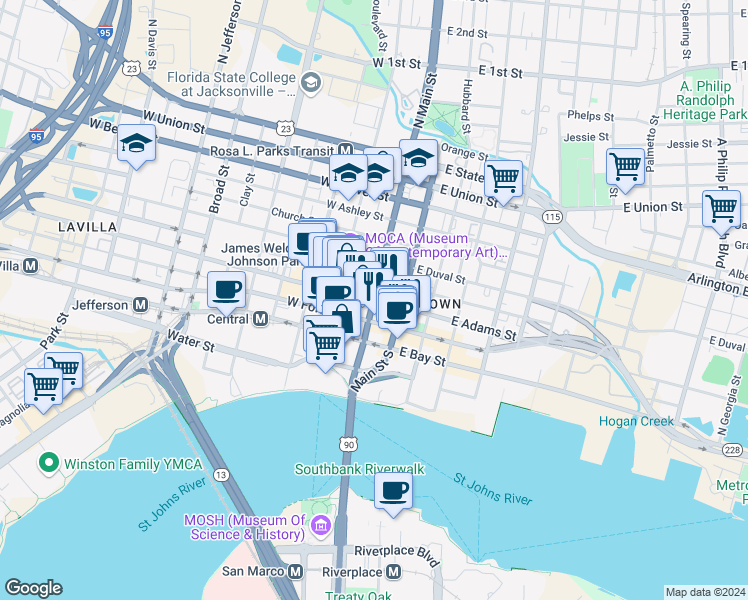 map of restaurants, bars, coffee shops, grocery stores, and more near N Main St & W Adams St in Jacksonville