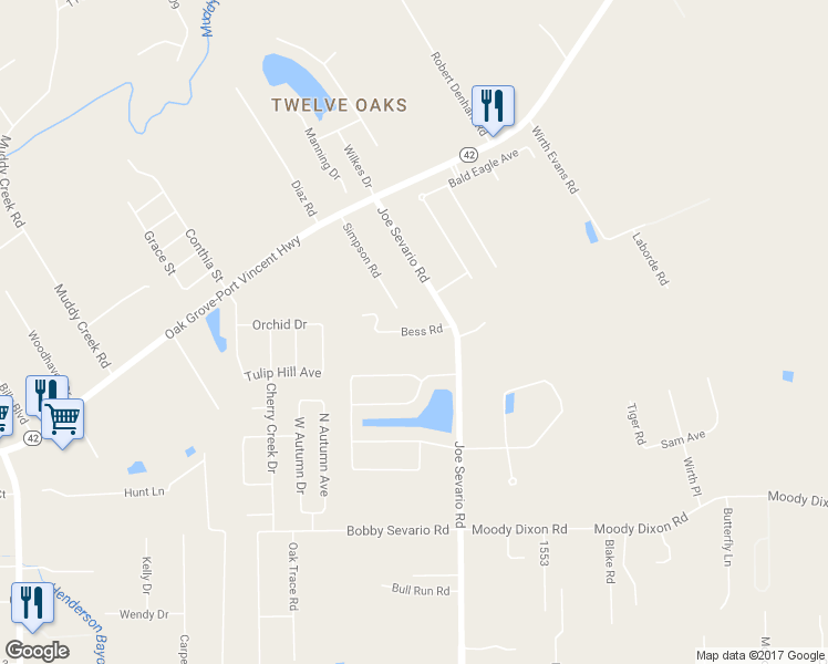 map of restaurants, bars, coffee shops, grocery stores, and more near 41450 Bess Road in Prairieville