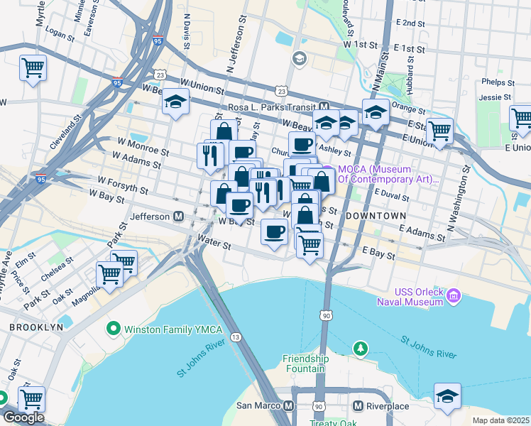 map of restaurants, bars, coffee shops, grocery stores, and more near 348 Adams Street in Jacksonville