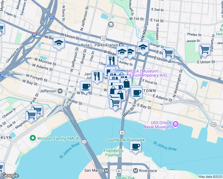 map of restaurants, bars, coffee shops, grocery stores, and more near 137 West Adams Street in Jacksonville