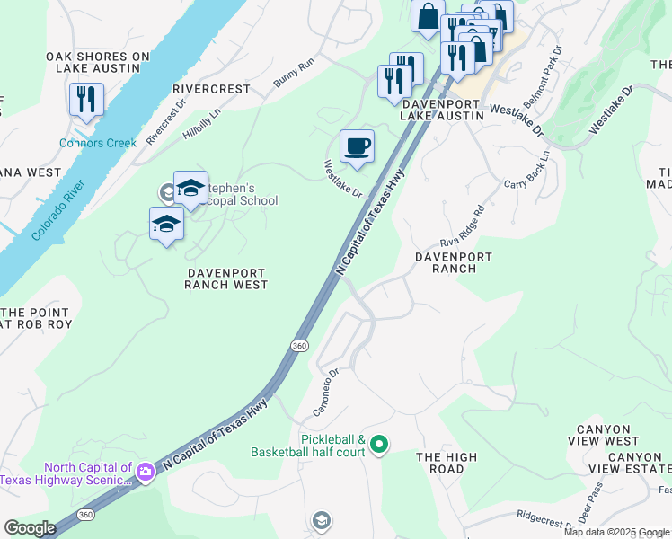 map of restaurants, bars, coffee shops, grocery stores, and more near 2900 North Capital of Texas Highway in Austin