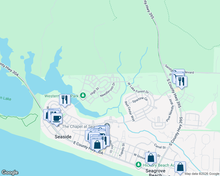 map of restaurants, bars, coffee shops, grocery stores, and more near 164 Needlerush Drive in Santa Rosa Beach