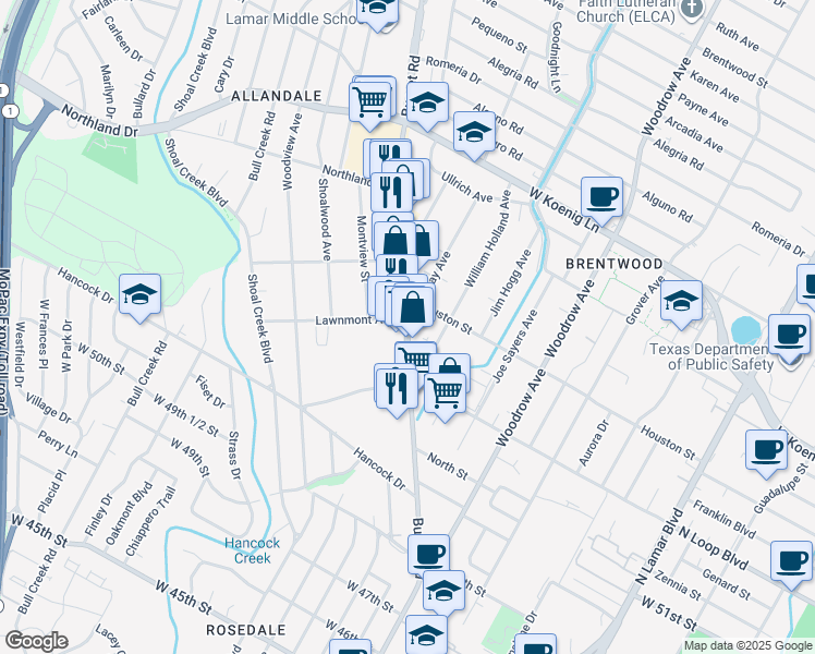map of restaurants, bars, coffee shops, grocery stores, and more near 5400 Burnet Road in Austin
