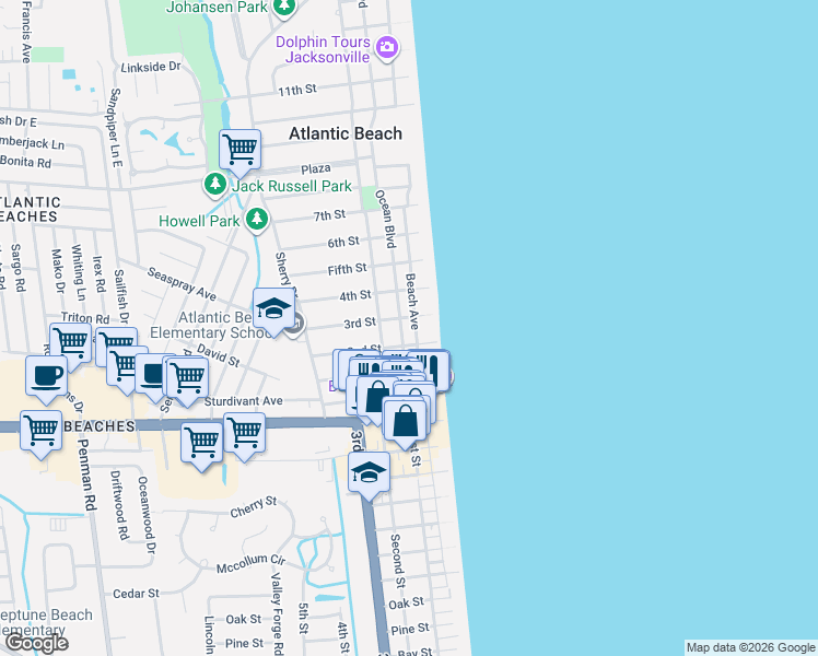 map of restaurants, bars, coffee shops, grocery stores, and more near 343 Beach Avenue in Atlantic Beach