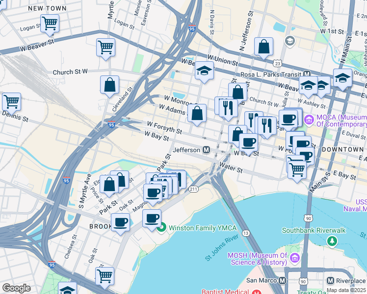 map of restaurants, bars, coffee shops, grocery stores, and more near 950 West Forsyth Street in Jacksonville