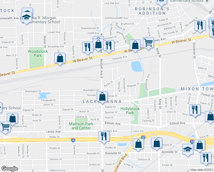 map of restaurants, bars, coffee shops, grocery stores, and more near 132 Mott Street in Jacksonville