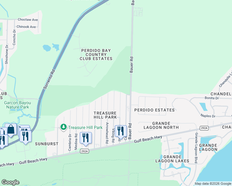 map of restaurants, bars, coffee shops, grocery stores, and more near 5100 Plateau Road in Pensacola
