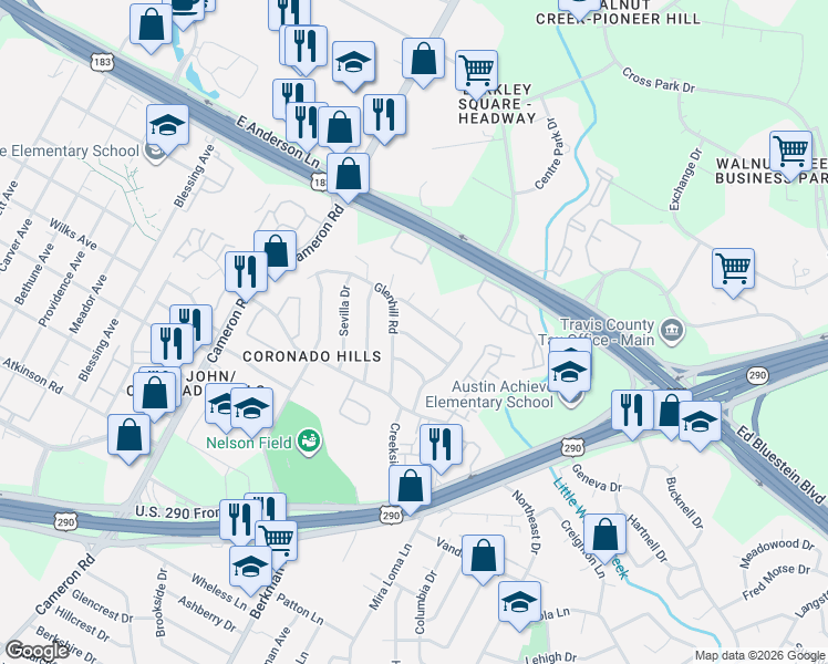 map of restaurants, bars, coffee shops, grocery stores, and more near 7505 Glenhill Road in Austin