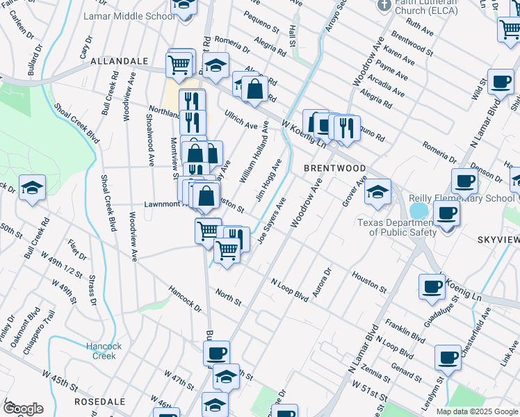 map of restaurants, bars, coffee shops, grocery stores, and more near 5601 Jim Hogg Avenue in Austin