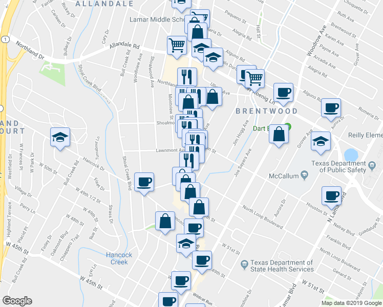 map of restaurants, bars, coffee shops, grocery stores, and more near 5400 Burnet Road in Austin