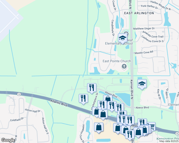 map of restaurants, bars, coffee shops, grocery stores, and more near 12055 Narrowleaf Court in Jacksonville