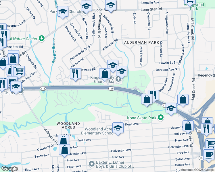 map of restaurants, bars, coffee shops, grocery stores, and more near Arlington Expressway Srv Road & Townsend Boulevard in Jacksonville