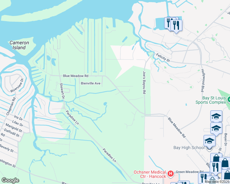 map of restaurants, bars, coffee shops, grocery stores, and more near 1475 Blue Meadow Road in Bay St. Louis