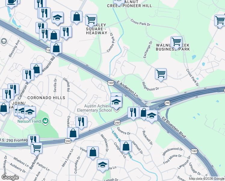 map of restaurants, bars, coffee shops, grocery stores, and more near 2201 East Anderson Lane in Austin