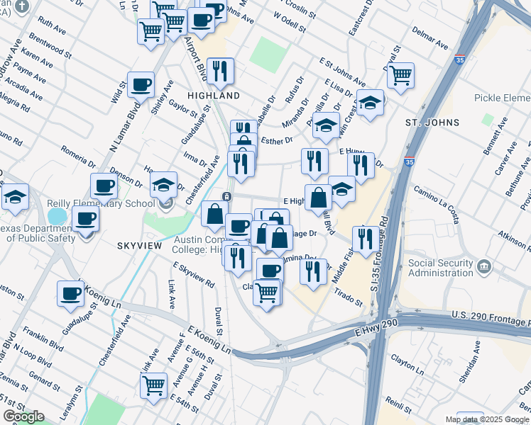 map of restaurants, bars, coffee shops, grocery stores, and more near 112 Will Davis Drive in Austin