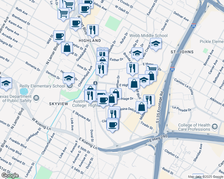map of restaurants, bars, coffee shops, grocery stores, and more near 6505 West Highland Mall Boulevard in Austin