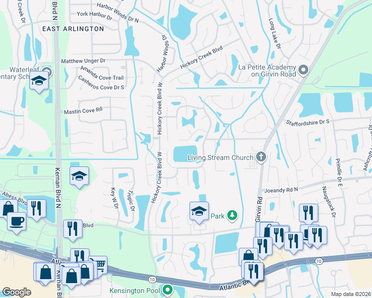 map of restaurants, bars, coffee shops, grocery stores, and more near 12546 Rock Rose Lane in Jacksonville