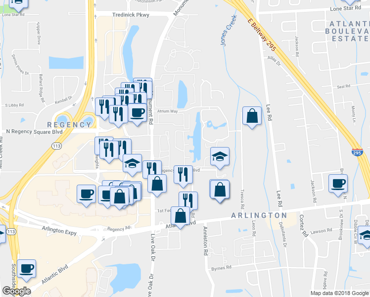 map of restaurants, bars, coffee shops, grocery stores, and more near 9855 North Regency Square Boulevard in Jacksonville