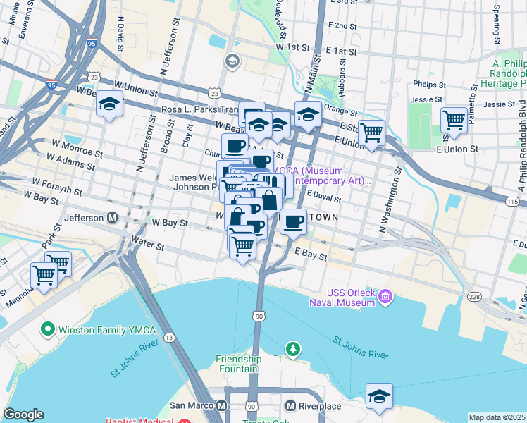 map of restaurants, bars, coffee shops, grocery stores, and more near 225 North Laura Street in Jacksonville