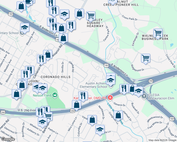 map of restaurants, bars, coffee shops, grocery stores, and more near 7607 Brookhollow Cove in Austin
