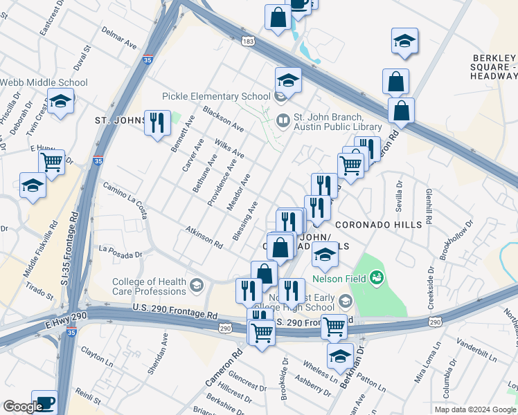 map of restaurants, bars, coffee shops, grocery stores, and more near 7201 Blessing Avenue in Austin
