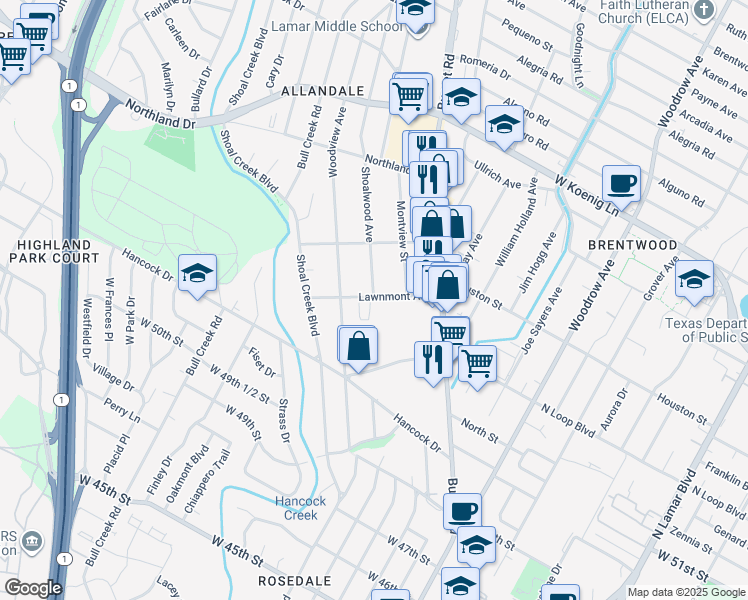map of restaurants, bars, coffee shops, grocery stores, and more near 5401 Shoalwood Avenue in Austin