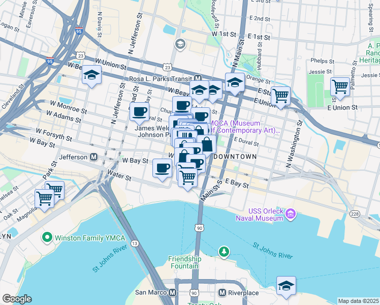 map of restaurants, bars, coffee shops, grocery stores, and more near 112 West Adams Street in Jacksonville