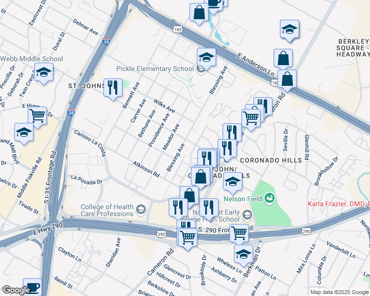map of restaurants, bars, coffee shops, grocery stores, and more near 7201 Blessing Avenue in Austin