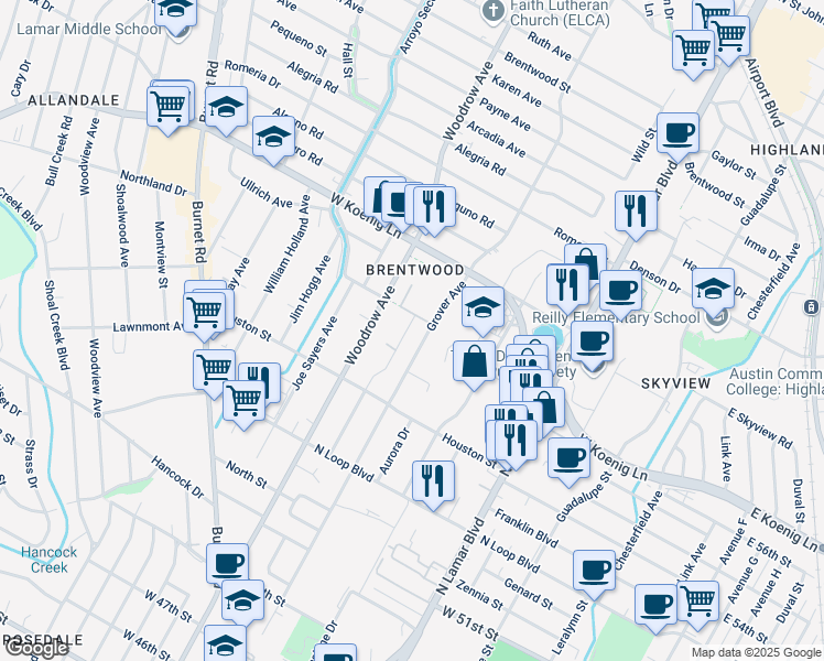 map of restaurants, bars, coffee shops, grocery stores, and more near 5604 Woodrow Avenue in Austin
