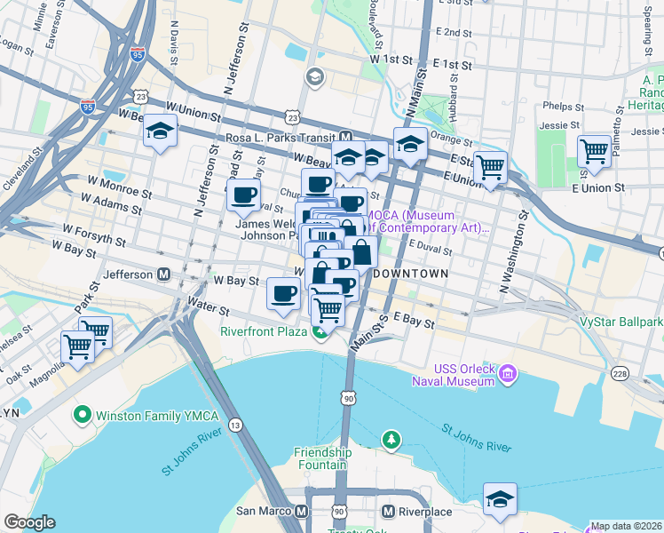 map of restaurants, bars, coffee shops, grocery stores, and more near 137 West Adams Street in Jacksonville