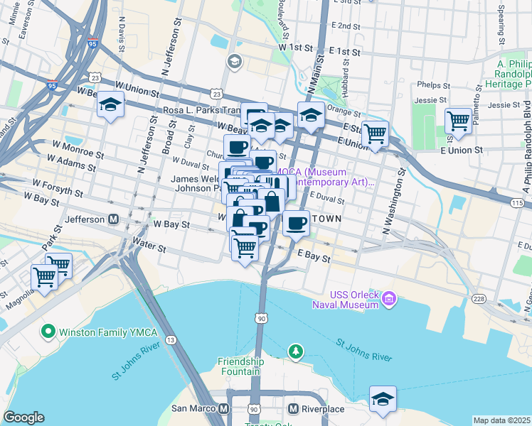 map of restaurants, bars, coffee shops, grocery stores, and more near 225 North Laura Street in Jacksonville