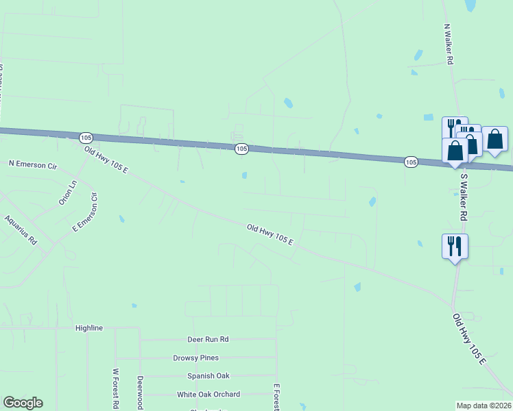 map of restaurants, bars, coffee shops, grocery stores, and more near 17383 Old Highway 105 East in Conroe