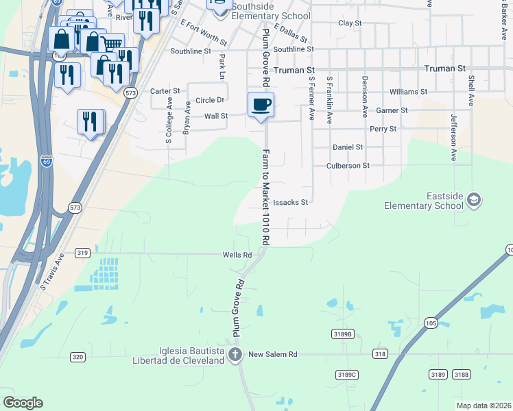 map of restaurants, bars, coffee shops, grocery stores, and more near 66 Farm to Market 1010 Road in Cleveland