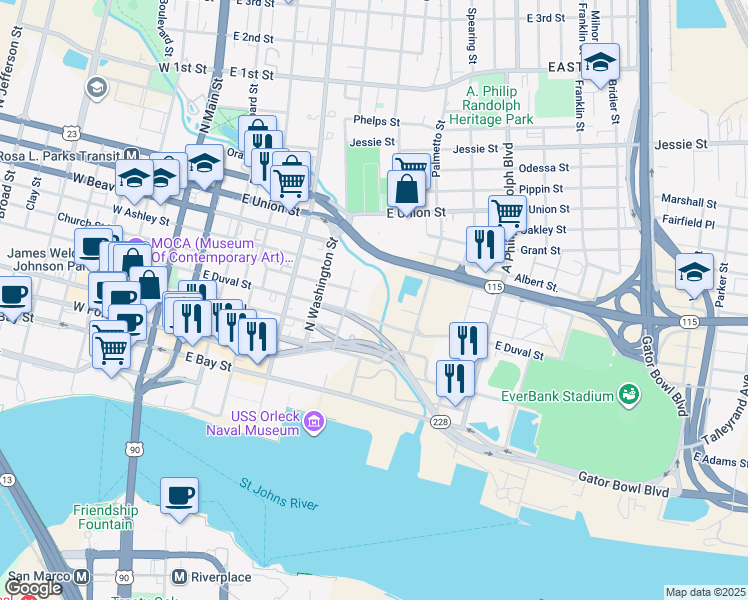 map of restaurants, bars, coffee shops, grocery stores, and more near 1 North Catherine Street in Jacksonville