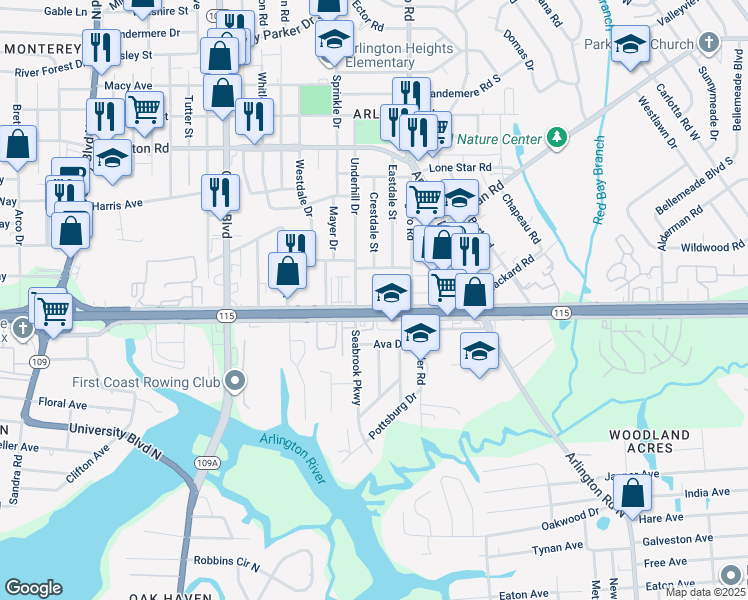 map of restaurants, bars, coffee shops, grocery stores, and more near 6501 Crestline Drive in Jacksonville