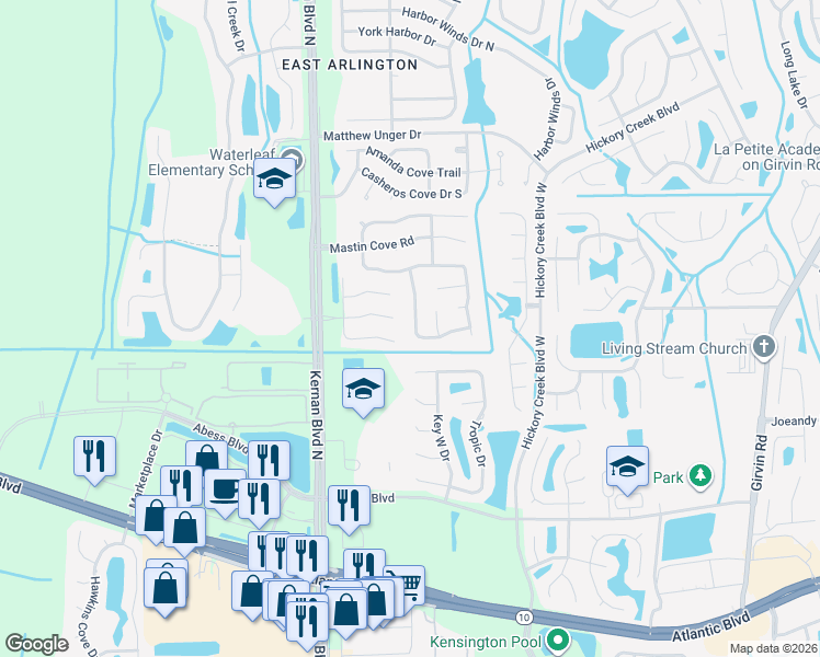 map of restaurants, bars, coffee shops, grocery stores, and more near 256 Carriann Cove Trail West in Jacksonville