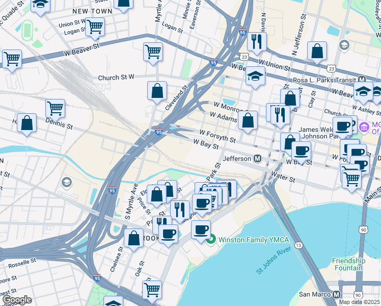 map of restaurants, bars, coffee shops, grocery stores, and more near 1000 West Bay Street in Jacksonville