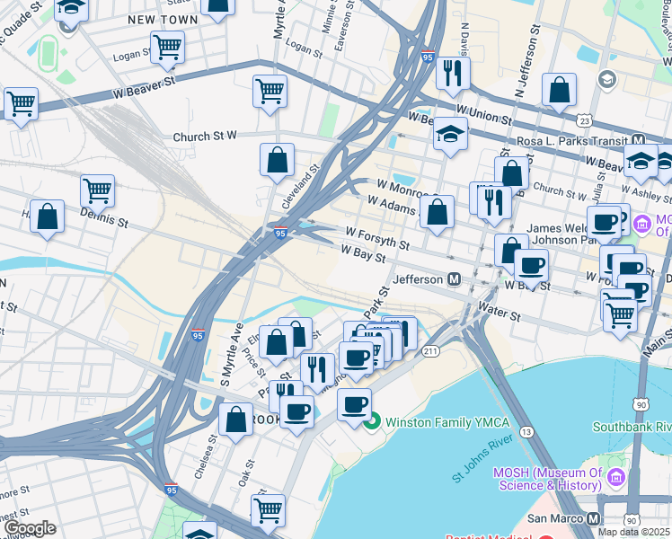 map of restaurants, bars, coffee shops, grocery stores, and more near 1000 West Bay Street in Jacksonville